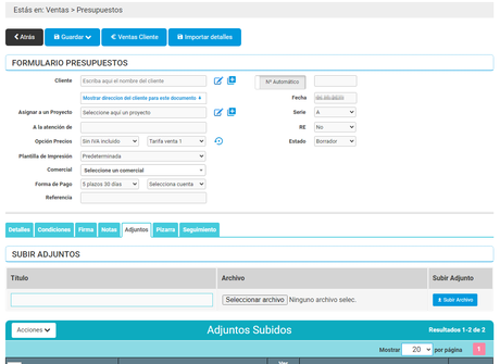 Añadir un adjuntos en un presupuesto de Cloud Gestion Crear Presupuesto: pestaña adjuntos