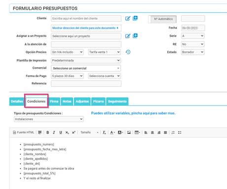 Añadir las condiciones en un presupuesto de Cloud Gestion Crear Presupuesto: pestaña condiciones