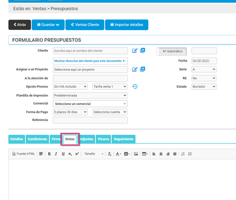 Añadir notas en un presupuesto de Cloud Gestion Crear Presupuesto: pestaña notas
