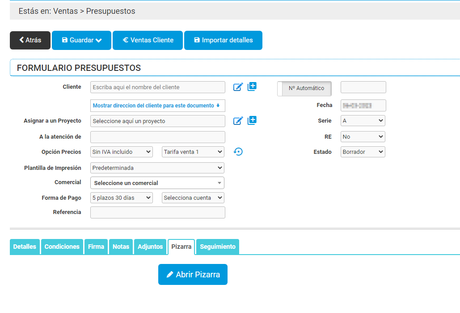 Añadir datos en pizarra al crear presupuesto en Cloud Gestion Crear Presupuesto: pestaña pizarra