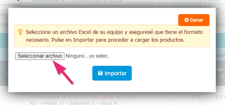 Ventana emergente para añadir el documento Excel con el listado de artículos que se van a importar en Cloud Gestion Ventana emergente para añadir el documento Excel con el listado de artículos que se van a importar en Cloud Gestion