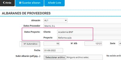 Añadir datos del proyecto al crear albarán compras Cloud Gestion Añadir datos del proyecto al crear albarán compras Cloud Gestion