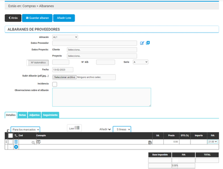 Como añadir los datos para crear un albarán de proveedores desde Cloud Gestion