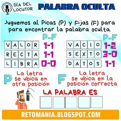 DESCUBRE LA PALABRA Acertijos, Descubre el número, Descubre la palabra, Desafíos matemáticos, Retos matemáticos, Juego mentales, Retos visuales, Retos virales, Juegos de letras, Juegos de palabras, Problemas matemáticos, Locutor, Día del locutor