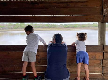 Un adulto y dos niños en un hide en Hlane Esuatini para avistar aves