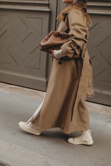 Sara from Collage Vintage wearing an outfit for PFW. Zara long dress, Iro camel coat and Bottega Veneta bag.