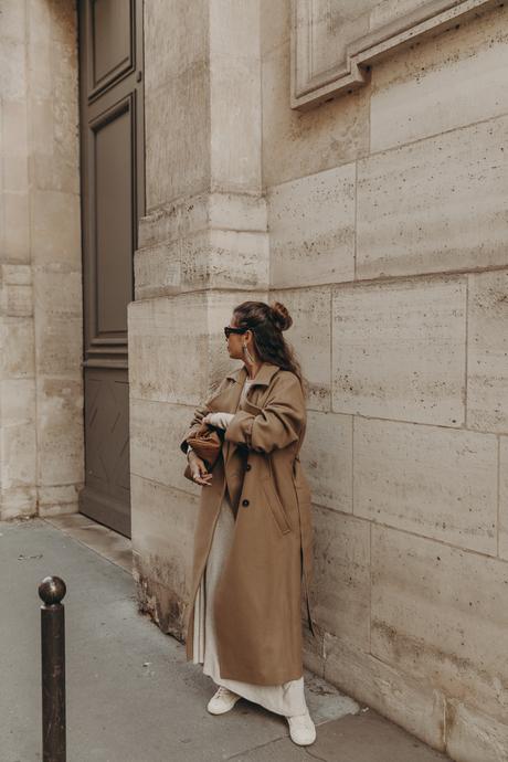 Sara from Collage Vintage wearing an outfit for PFW. Zara long dress, Iro camel coat and Bottega Veneta bag.