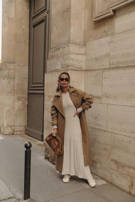 Sara from Collage Vintage wearing an outfit for PFW. Zara long dress, Iro camel coat and Bottega Veneta bag.