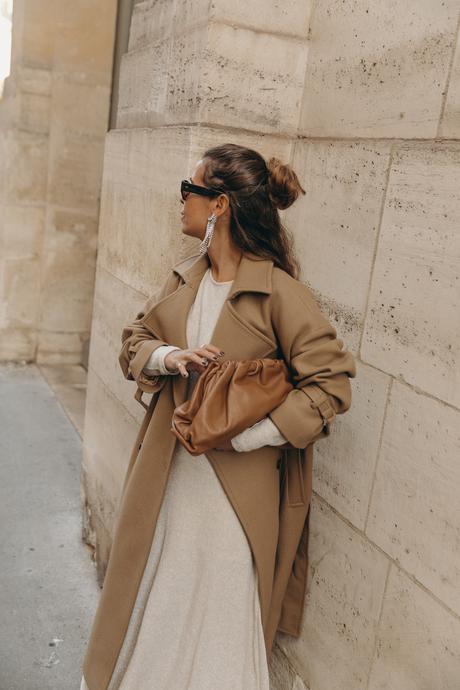 Sara from Collage Vintage wearing an outfit for PFW. Zara long dress, Iro camel coat and Bottega Veneta bag.