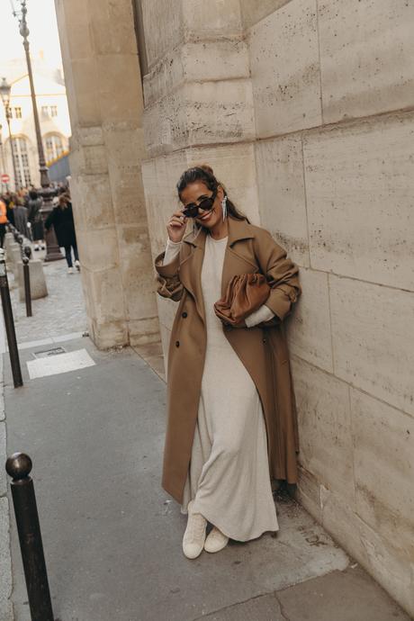 Sara from Collage Vintage wearing an outfit for PFW. Zara long dress, Iro camel coat and Bottega Veneta bag.