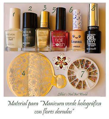 Manicura verde holográfica con flores doradas