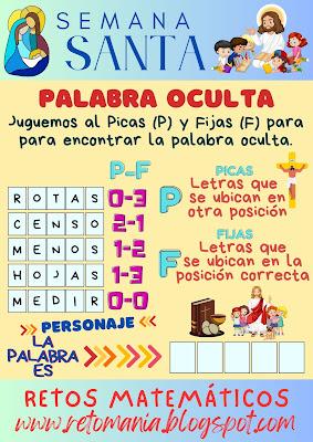 PALABRA OCULTA Desafío matemático, Reto matemático, Problemas matemáticos, Reto Visual, Jeroglífico, Juego de Palabras, Reto de Palabras, Buscapalabras, Palabra Oculta, Palabra Escondida, Semana Mayor, Semana Santa, El Personaje, Descubre el Personaje