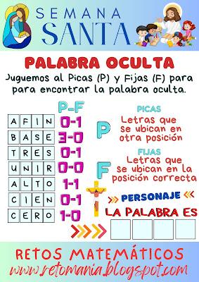 PALABRA OCULTA Desafío matemático, Reto matemático, Problemas matemáticos, Reto Visual, Jeroglífico, Juego de Palabras, Reto de Palabras, Buscapalabras, Palabra Oculta, Palabra Escondida, Semana Mayor, Semana Santa, El Personaje, Descubre el Personaje