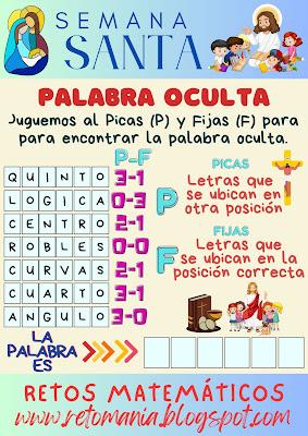PALABRA OCULTA Desafío matemático, Reto matemático, Problemas matemáticos, Reto Visual, Jeroglífico, Juego de Palabras, Reto de Palabras, Buscapalabras, Palabra Oculta, Palabra Escondida, Semana Mayor, Semana Santa