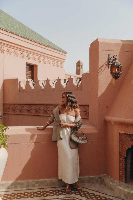 Sara from Collage Vintage wearing a sequin dress, a blazer and a Fendi bag at Marrakech