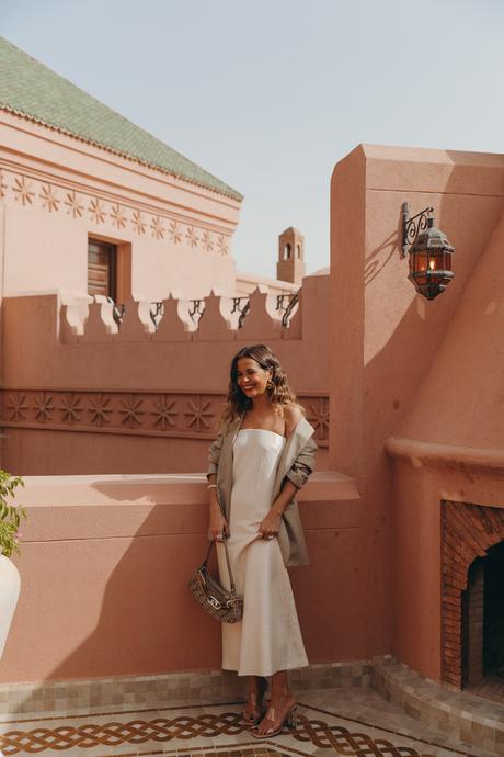 Sara from Collage Vintage wearing a sequin dress, a blazer and a Fendi bag at Marrakech