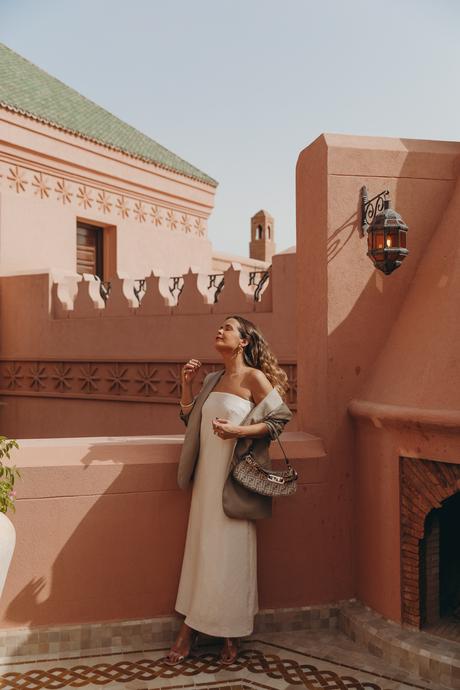 Sara from Collage Vintage wearing a sequin dress, a blazer and a Fendi bag at Marrakech