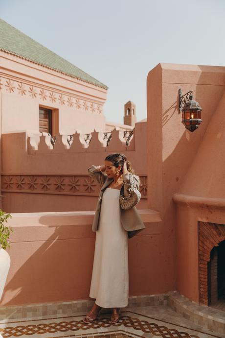 Sara from Collage Vintage wearing a sequin dress, a blazer and a Fendi bag at Marrakech