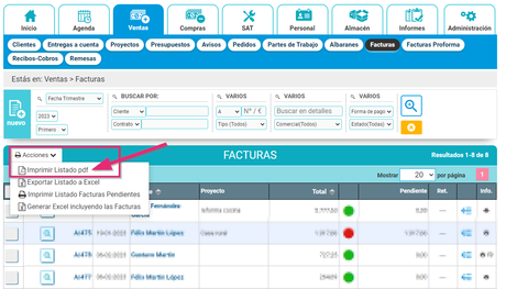 Imprimir listado de facturación para enviar a la gestoría con ayuda de un software ERP Imprimir listado de facturación para enviar a la gestoría
