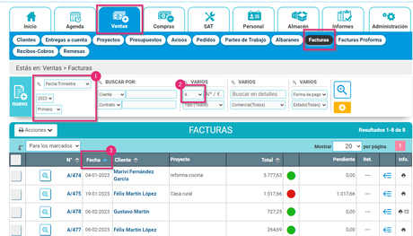 Aplicar filtros para generar el listado de facturación que se envía a la gestoría cada trimestres ayudados con un software ERP Aplicar filtros para generar el listado de facturación que se envía a la gestoría cada trimestres