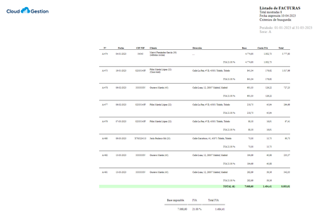 Listado de facturación para enviar a la gestoría realizado con el software ERP de Cloud Gestion Listado de facturación para enviar a la gestoría realizado con el software ERP de Cloud Gestion
