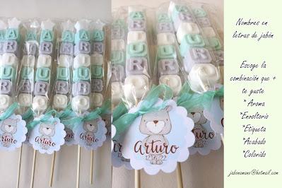 detallesbautizo nombresletrasjabón jabonesdenombre bautizosniño brochetasjabones