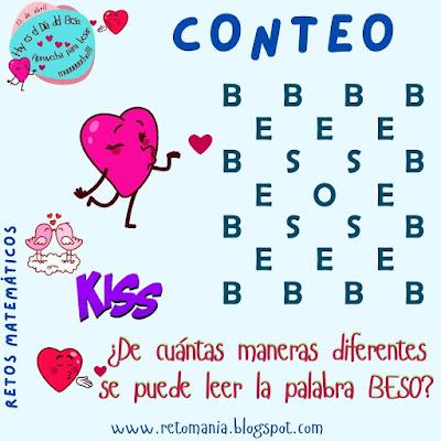 CONTEO Desafío matemático, Reto matemático, Problema matemático, Día del Beso, Día mundial del Beso, Día Internacional del Beso, Conteo, Descubre el número, De cuántas maneras
