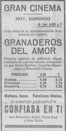 1934 Gran Cinema:opereta vienesa «Granaderos del amor»