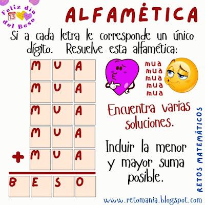 Desafío matemático, Reto matemático, Problema matemático, Juego de letras, Juego de palabras, Suma de letras, Suma de palabras, Alfamética, Criptoaritmética, Criptosuma, Criptograma, Retos mentales, Retos visuales, Día del Beso, Día Internacional del Beso