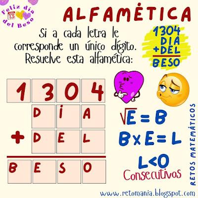 Desafío matemático, Reto matemático, Problema matemático, Juego de letras, Juego de palabras, Suma de letras, Suma de palabras, Alfamética, Criptoaritmética, Criptosuma, Criptograma, Retos mentales, Retos visuales, Día del Beso, Día Internacional del Beso