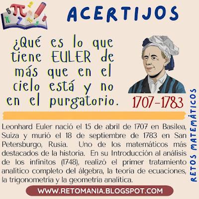 ACERTIJOS Desafío matemático, Reto matemático, Problema matemático, Euler, Matemática, Día de las matemáticas, Problemas de lógica, Problemas de ingenio, Acertijos, Acertijos matemáticos, Acertijos con solución, Juego de palabras