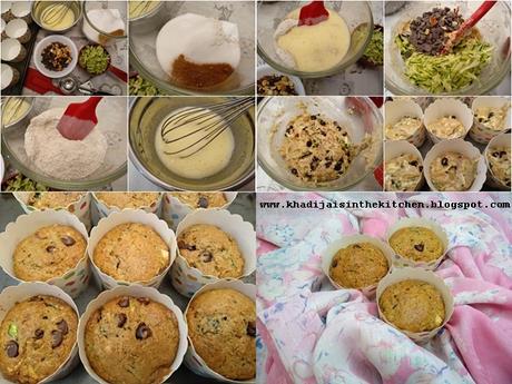 PETITS GÂTEAUX AUX COURGETTES ET AUX PÉPITES DE CHOCOLAT / ZUCCHINI-CHOCOLATE CHIP MUFFINS / MAGDALENAS DE CALABACÍN Y CHISPAS DE CHOCOLATE / مافن بالكوسة (قرع اخضر) و حبيبات الشوكولاتة