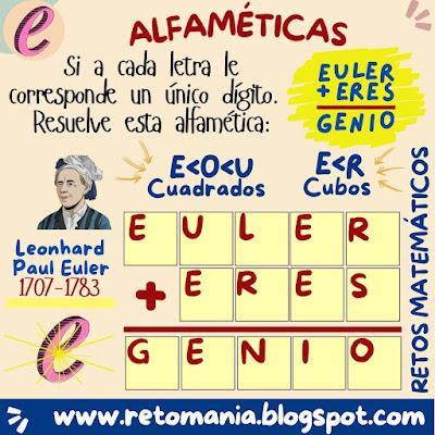 Desafíos matemáticos, Retos matemáticos, Problemas matemáticos, Problemas de lógica, Problemas matemáticos, Acertijos, Alfamética, Criptoaritmética, Criptograma, Criptosuma, Juego de letras, Suma de letras, Suma de palabras, Euler, Día de Euler, Día del número e