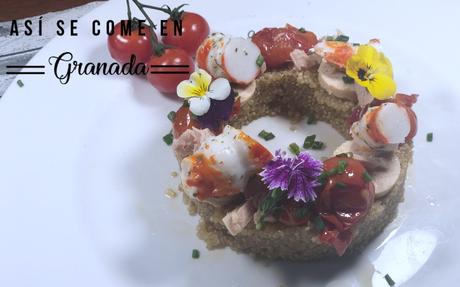 Corona de quinoa agridulce con tomate cherry y marisco