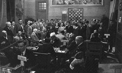 Aspecto de la Sala de juego del Torneo Internacional de Ajedrez de Barcelona, 1935