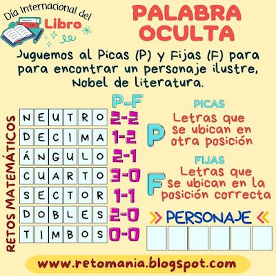 PALABRA OCULTA Desafío matemático, Reto matemático, Problema matemático, Idioma, Libro, Día del Idioma, Día del Libro, Juegos de ingenio, Juegos de lógica, Juegos de pensar, Palabra oculta, Palabra escondida, Buscapalabras