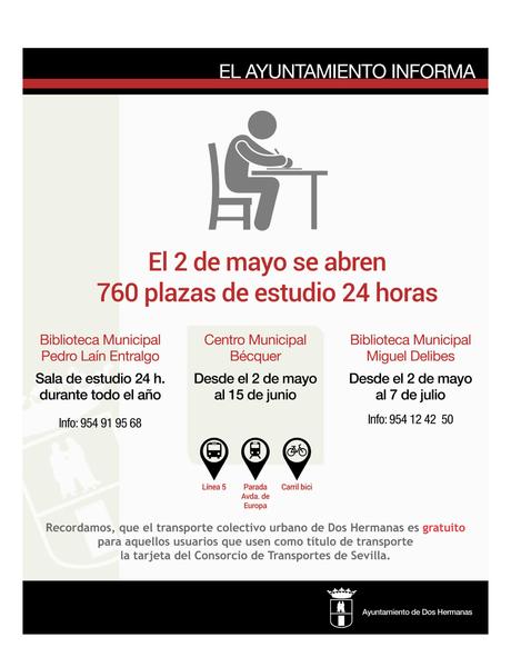 A PARTIR DE HOY 2 DE MAYO SE ABREN 760 PLAZAS DE ESTUDIO 24 HORAS EN LAS BIBLIOTECAS PÚBLICAS MUNICIPALES DE DOS HERMANAS
