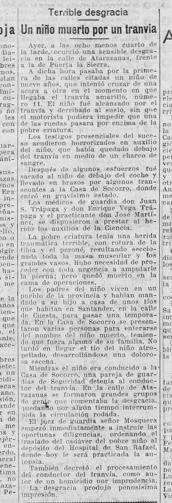 Santander hace 100 años:un niño muerto por un tranvía frente a Puerta la Sierra