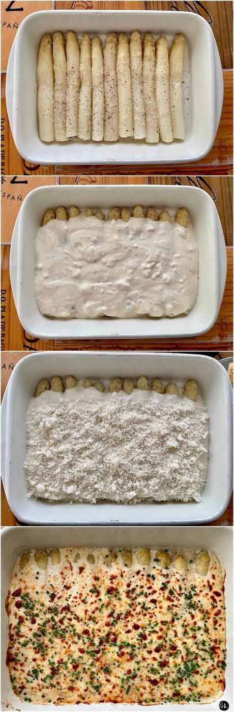 Espárragos frescos gratinados con salsa bechamel y queso parmesano