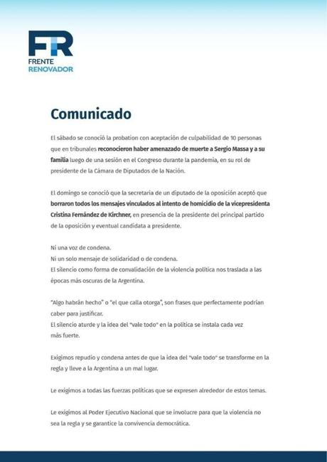 El massismo volvió a mostrar su cercanía con Cristina Kirchner con un contundente comunicado