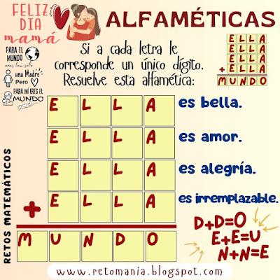 Alfaméticas, Criptoaritmética, Criptosuma, Criptograma, Juego de Palabras, Juego de letras, Suma de letras, Suma de palabras, Alfametika, Alfametik, Día de las madres, Día de mamá