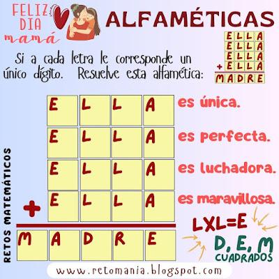 Alfaméticas, Criptoaritmética, Criptosuma, Criptograma, Juego de Palabras, Juego de letras, Suma de letras, Suma de palabras, Alfametika, Alfametik, Día de las madres, Día de mamá