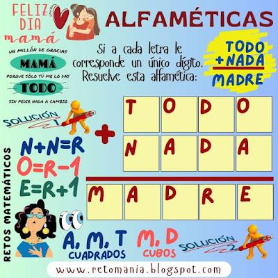 Alfaméticas, Criptoaritmética, Criptosuma, Criptograma, Juego de Palabras, Juego de letras, Suma de letras, Suma de palabras, Alfametika, Alfametik, Día de las madres, Día de mamá