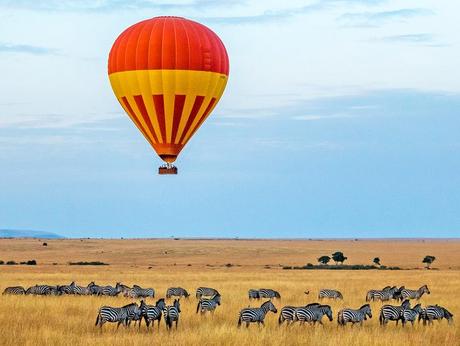 Cebras y globo aerostático en el Serengeti