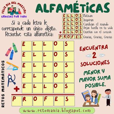 ALFAMÉTICAS Alfamética, Criptoaritmética, Criptograma, Criptosuma, Juego de letras, Juego de palabras, Suma de palabras, Día del Profesor, Día del maestro