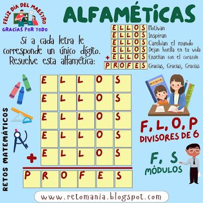 Alfamética, Criptoaritmética, Criptograma, Criptosuma, Juego de letras, Juego de palabras, Suma de palabras, Día del Profesor, Día del maestro