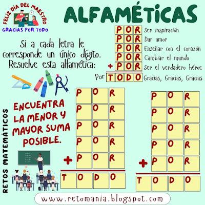 Alfamética, Criptoaritmética, Criptograma, Criptosuma, Juego de letras, Juego de palabras, Suma de palabras, Día del Profesor, Día del maestro