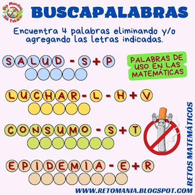 Desafío matemático, Reto matemático, Problema matemático, Tabaco, Día sin tabaco, Día mundial sin tabaco, Buscapalabras, Palabra oculta, Palabra escondida