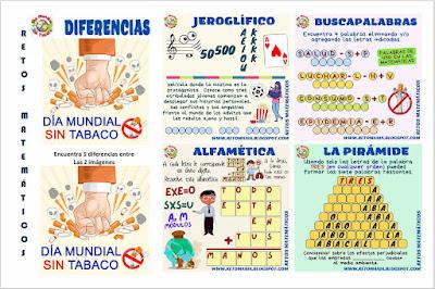 Desafío matemático, Reto matemático, Problema matemático, Tabaco, Día sin tabaco, Día mundial sin tabaco, Buscapalabras, Palabra oculta, Palabra escondida, Retos visuales, Jeroglíficos, Diferencias, Alfaméticas, Criptoaritméticas