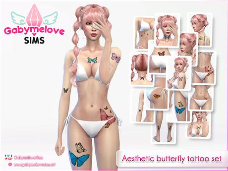 Sims 4 CC | Tattoo: Aesthetic butterfly tattoo set | Gabymelove Sims | Custom Content, Contenido Personalizado, mod, mods, CAS, CUS, Create a sim, tatuaje, estético, lindo, cute, moda, trending, trend, tendecia, mariposa, alas, pack, package, paquete, woman, women, teen, teenage, ink